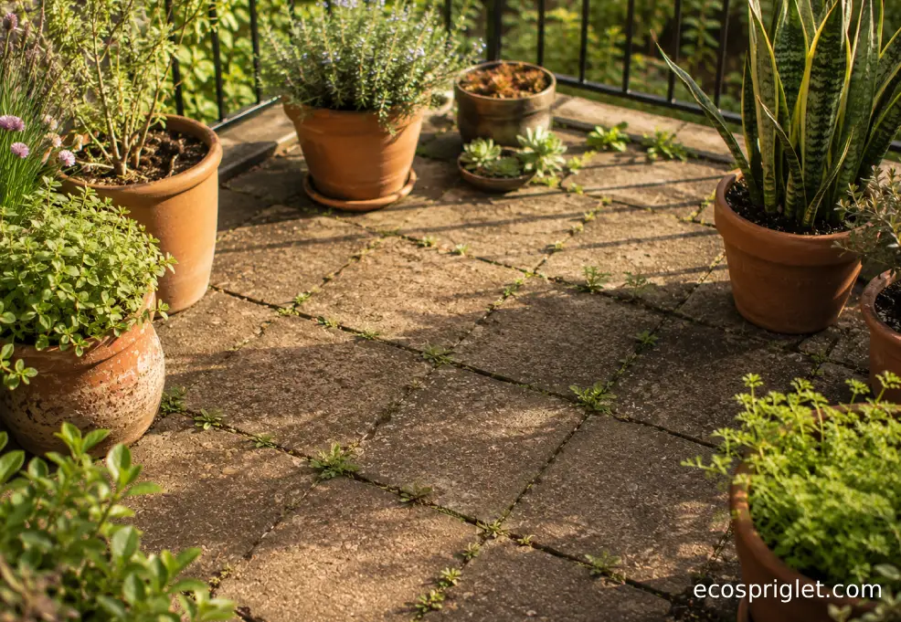 Paver patio weeds with container plants moved away before natural weed killer use.
