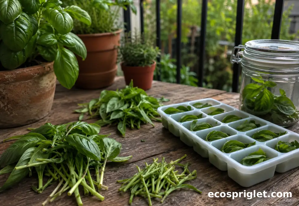 Fresh basil stems are sorted beside a freezer tray and glass jar on a small Portland terrace table.