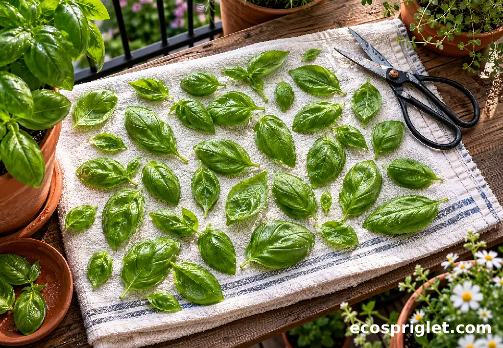 Washed basil leaves dry on a clean towel beside pruning scissors on a wooden terrace table.