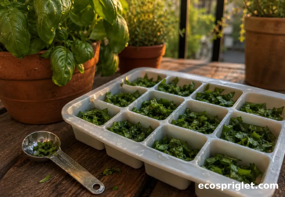 Chopped basil is packed into an ice cube tray for freezer storage on a terrace table.