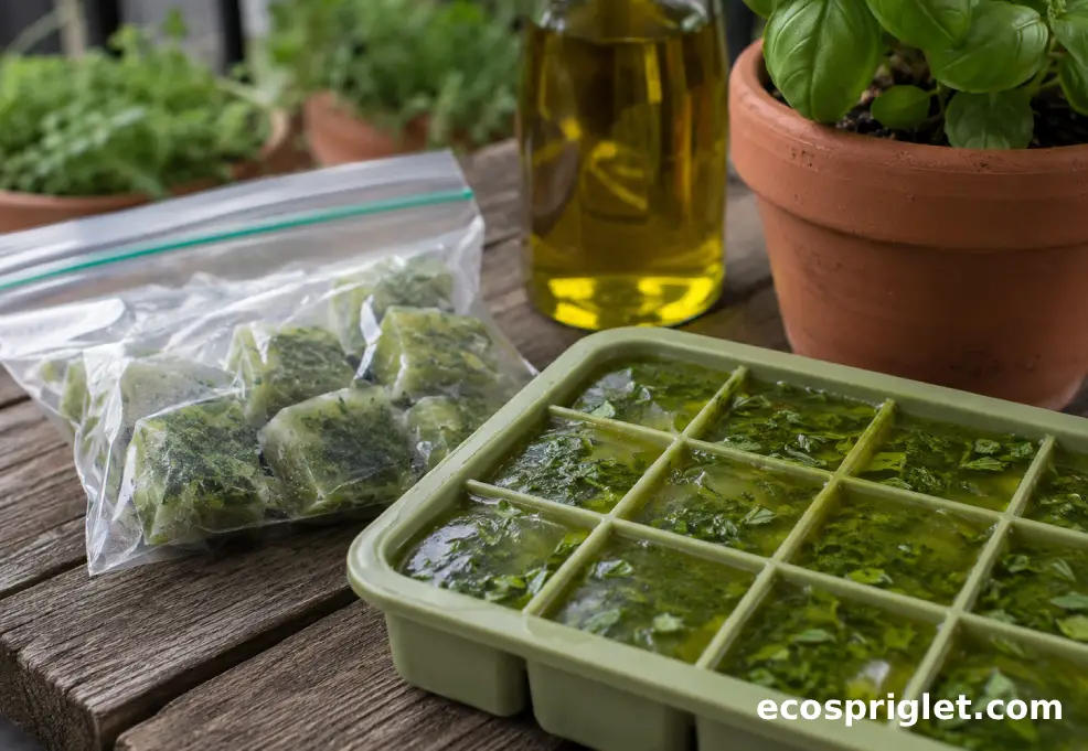 Frozen basil and olive oil cubes sit in a small tray beside a freezer bag on a terrace table.