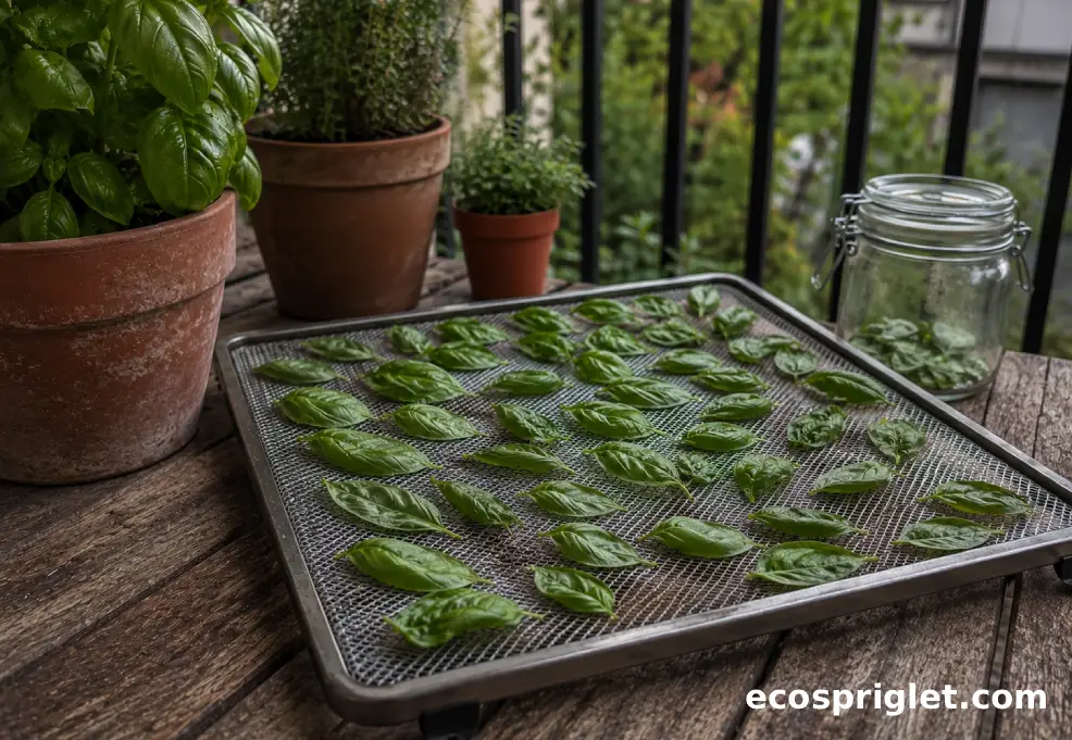 Basil leaves are spread in a single layer on a small drying rack beside a glass jar.