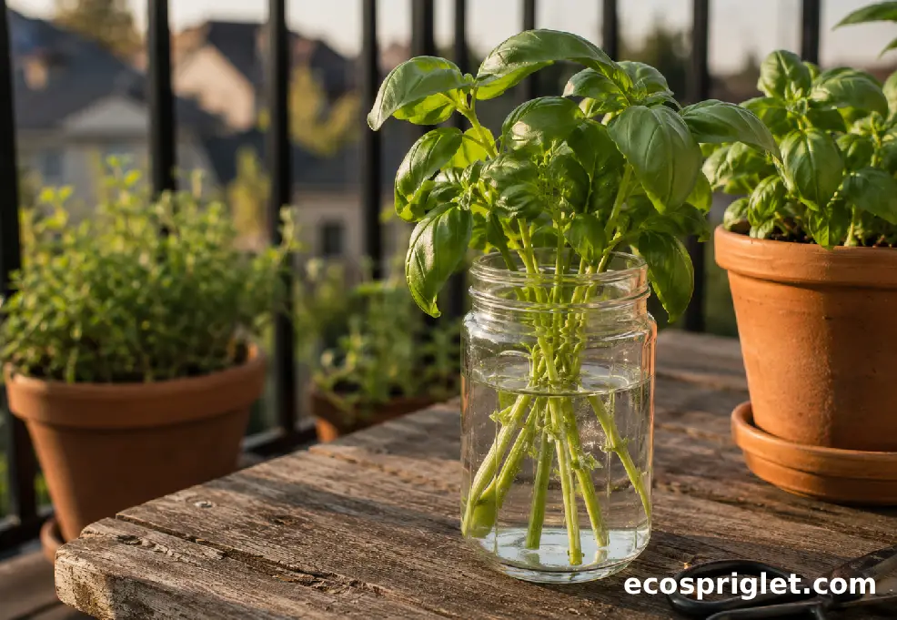 Fresh cut basil stems stand in a small glass jar of water on a wooden terrace table.