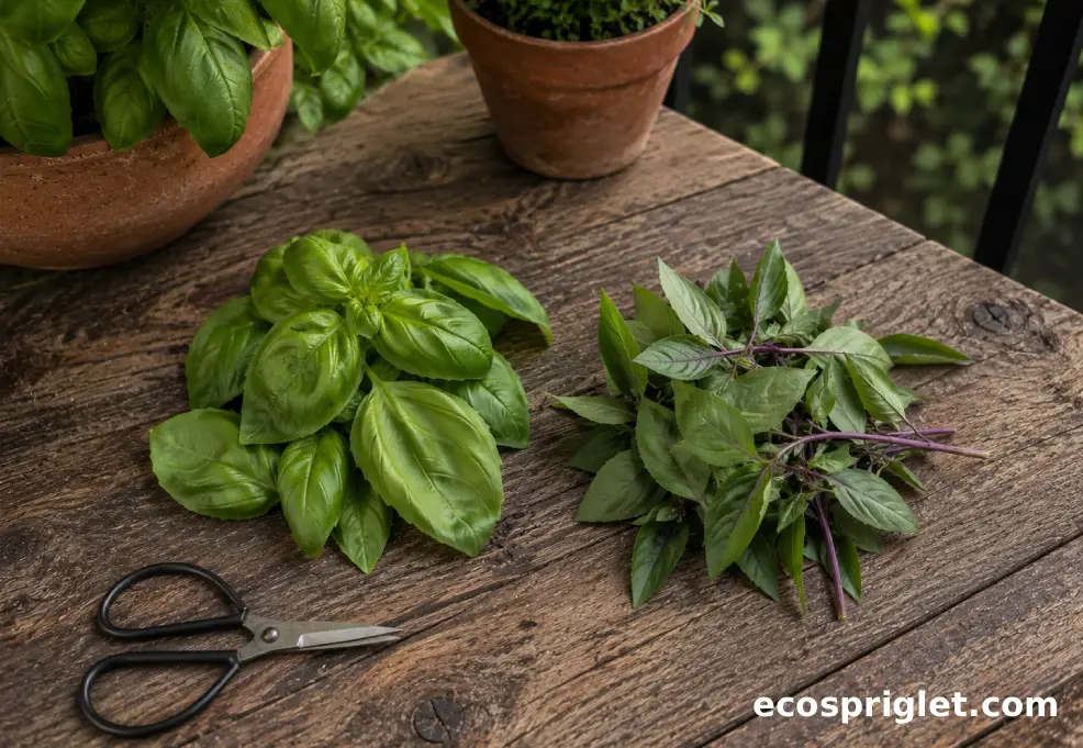 Sweet basil and Thai basil leaves are separated into two small piles on a wooden terrace table.