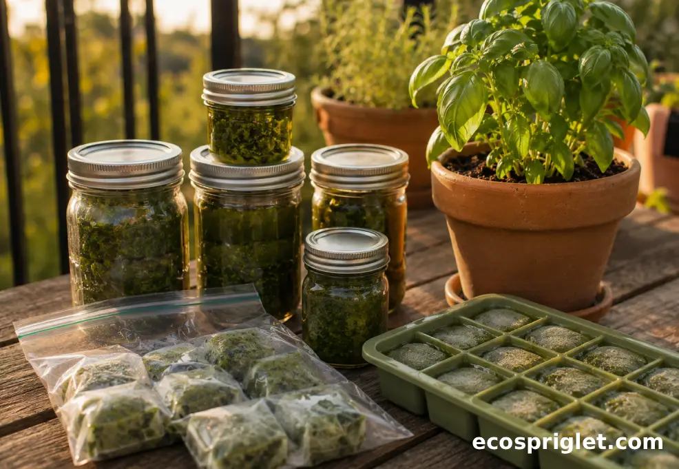 Frozen basil cubes and dried basil jars are arranged beside a small potted basil plant on a terrace.