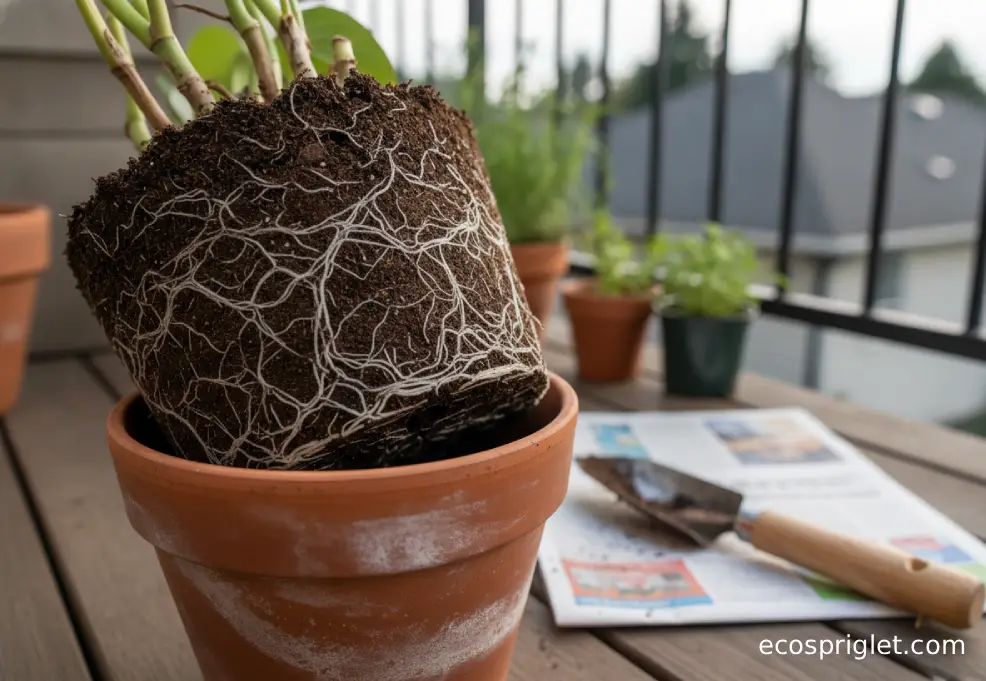 A rootbound houseplant is partly lifted from a terracotta pot on a small Portland terrace table.