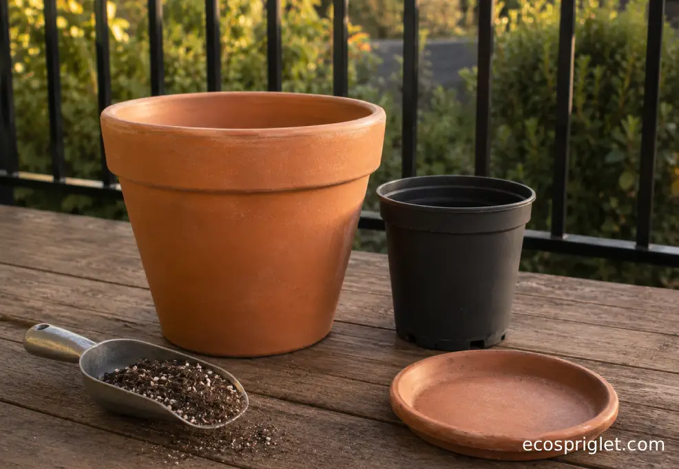 A terracotta pot is compared with a smaller nursery pot on a wooden balcony table.