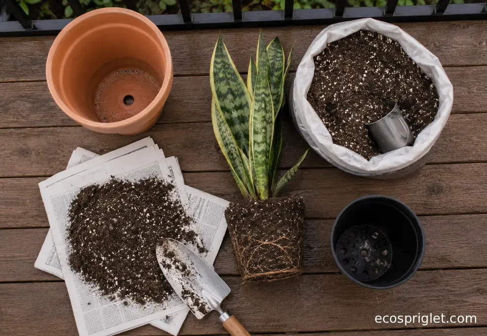 Potting mix, a trowel, and newspaper are set up for repotting on a small terrace table.
