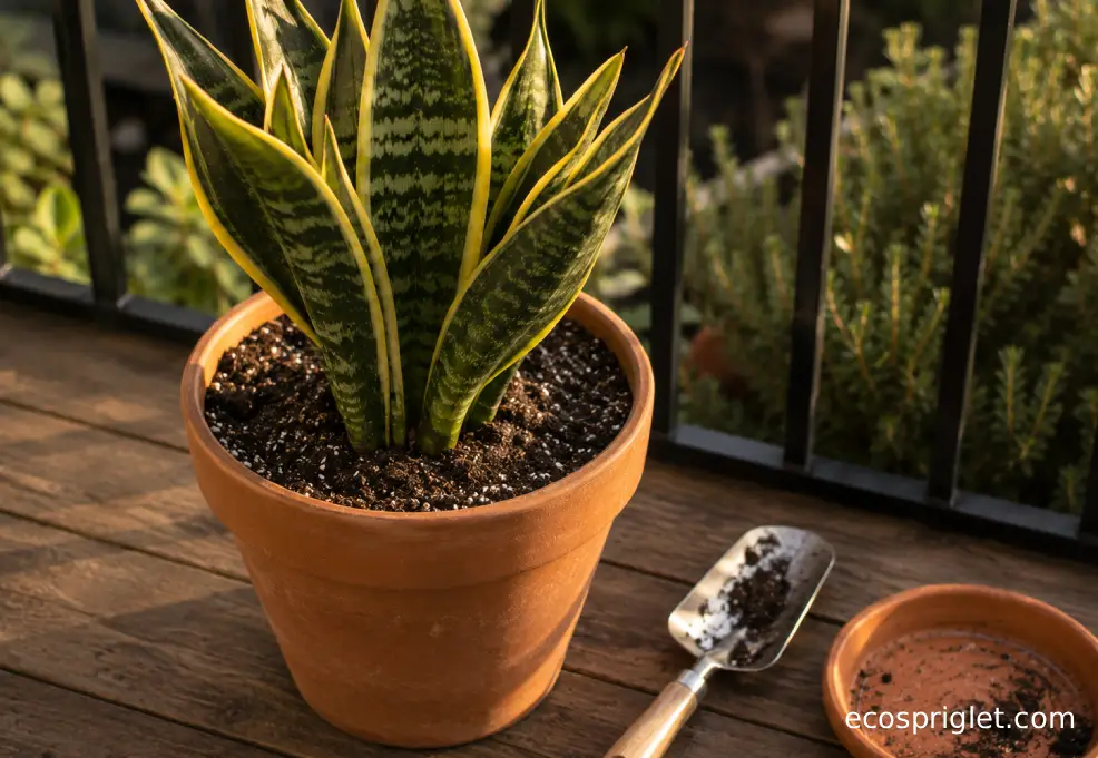 A houseplant is centered in fresh potting mix inside a terracotta pot on a balcony table.
