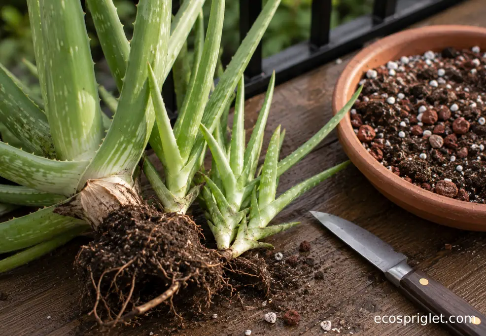 An aloe vera plant with small pups rests beside a shallow terracotta pot and gritty mix.