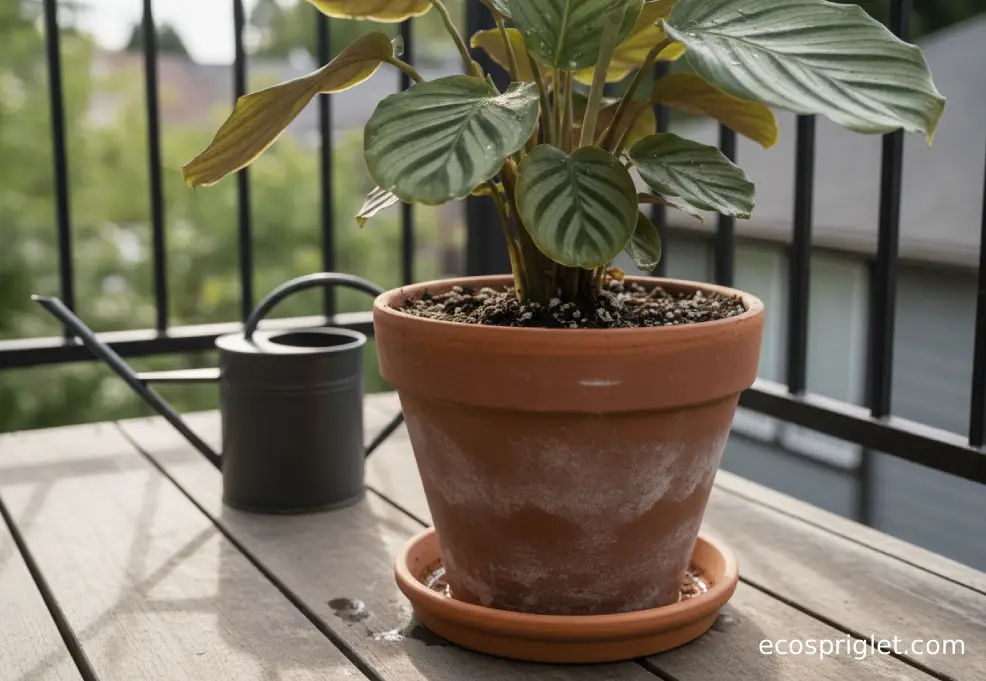 A newly repotted houseplant rests in bright indirect light beside a small watering can.