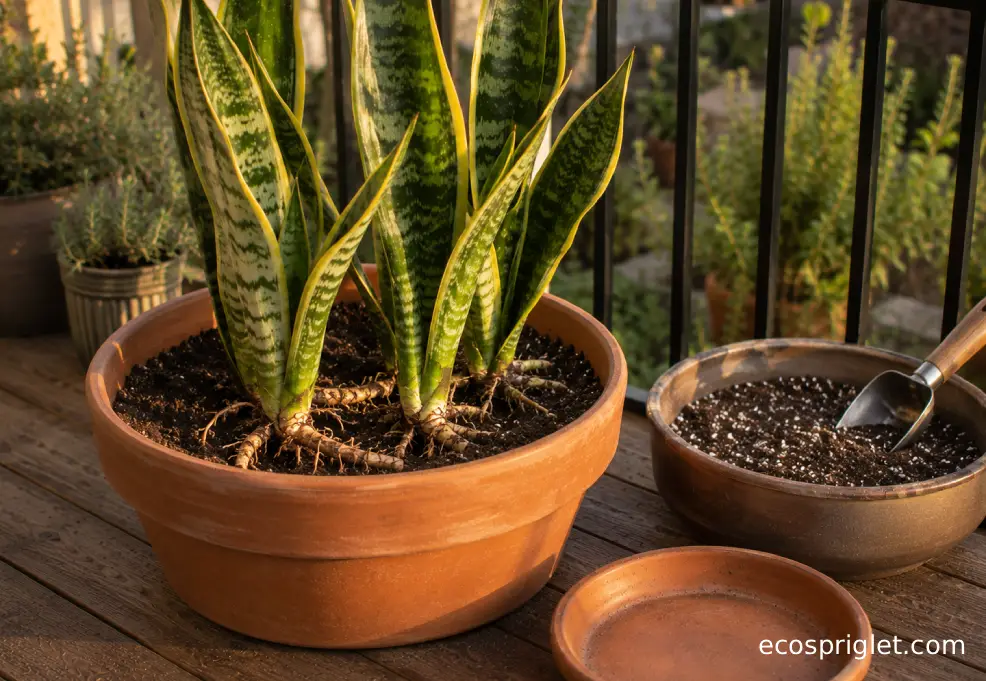 A snake plant with upright leaves is placed into a wide terracotta pot on a wooden terrace floor.