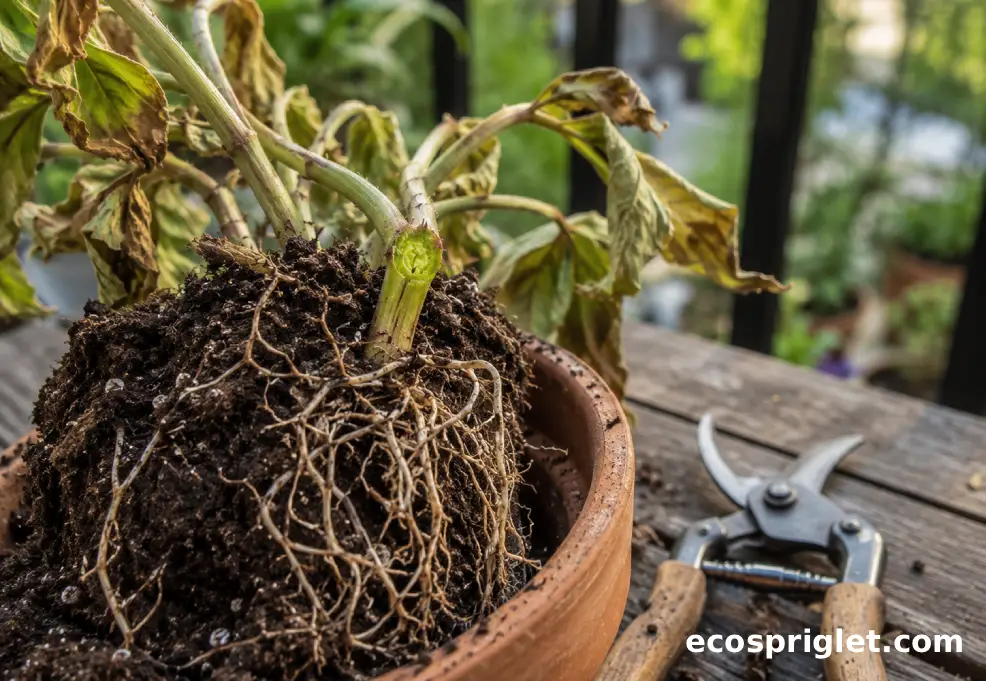 A wilted houseplant in a terracotta pot is checked for living stems and roots on a small terrace.