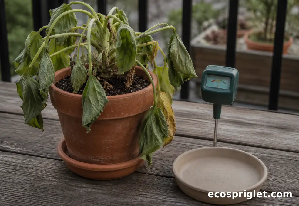 A drooping potted houseplant is assessed with a moisture meter and saucer on a terrace table.