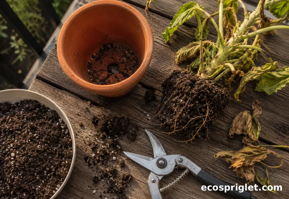 A plant rescue setup with shears, potting mix, and a terracotta pot is arranged on wooden decking.
