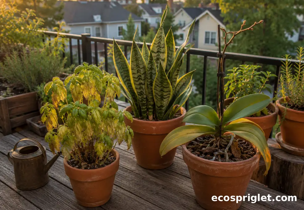 Stressed basil, snake plant, and orchid plants are grouped on a small terrace for diagnosis.