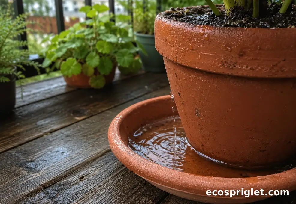 Water drains from a terracotta pot into a saucer after a careful rescue watering.