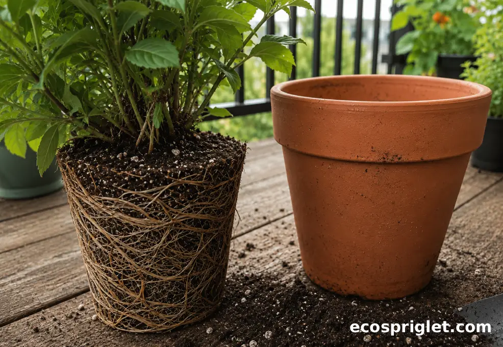 A root-bound houseplant sits beside fresh potting mix and a slightly larger terracotta pot.