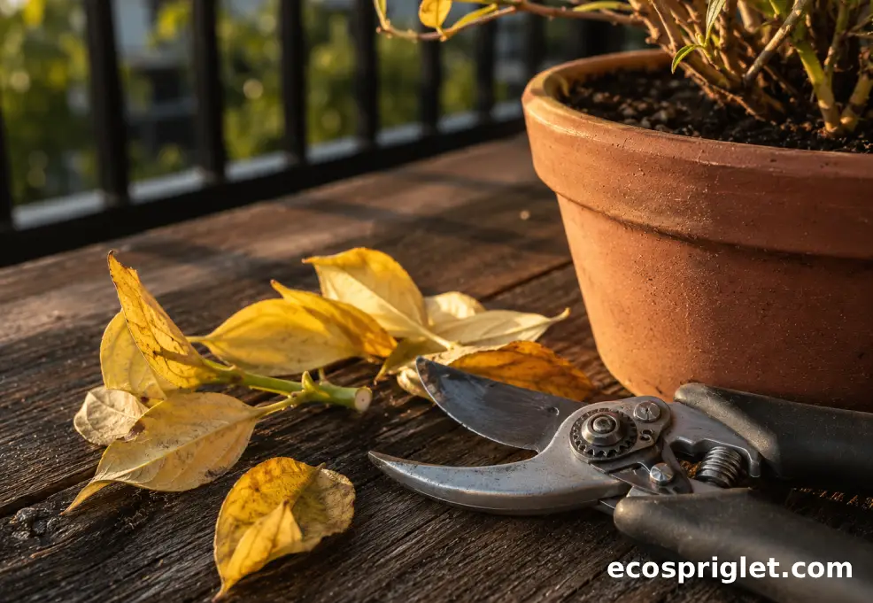 Clean pruning shears rest beside yellow leaves trimmed from a stressed houseplant.