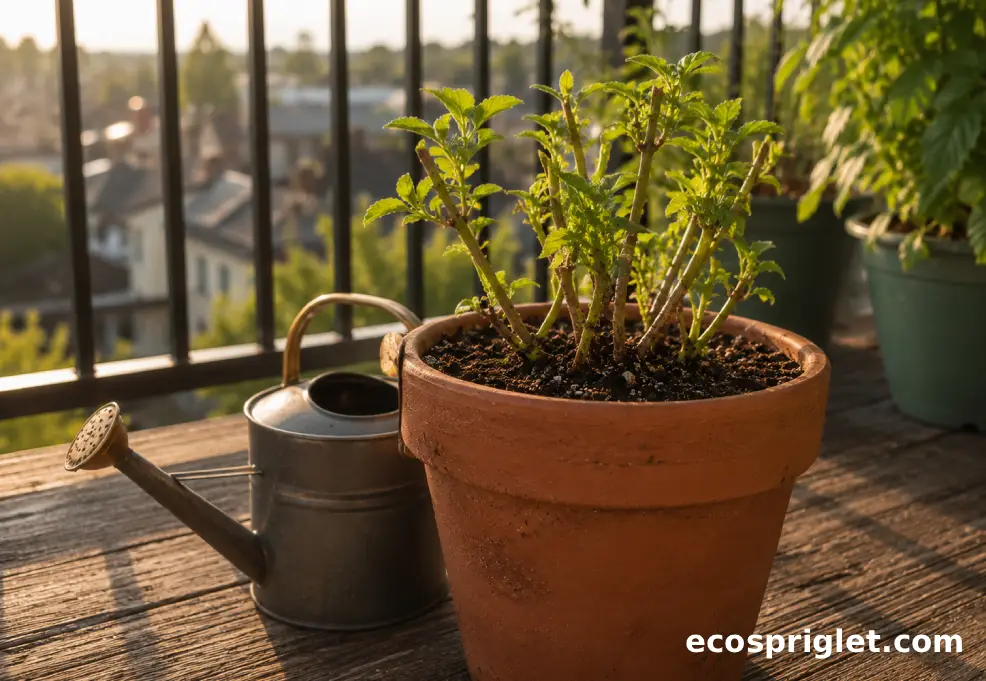 A recovering houseplant shows small new green growth in bright indirect light on a terrace.