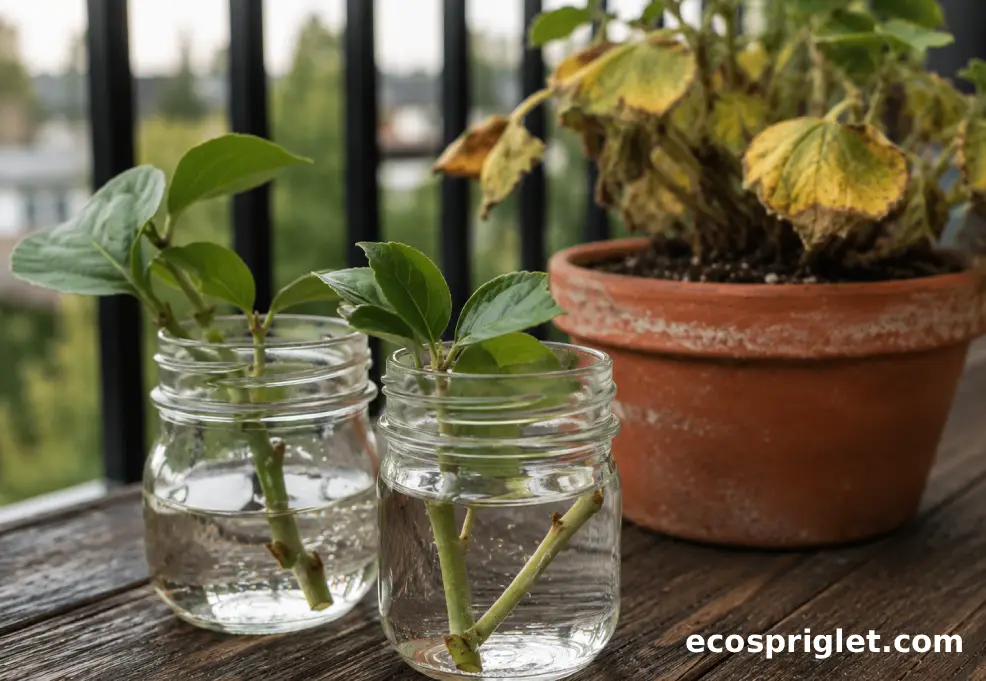 Healthy plant cuttings in small jars sit beside a failing potted plant on a terrace.