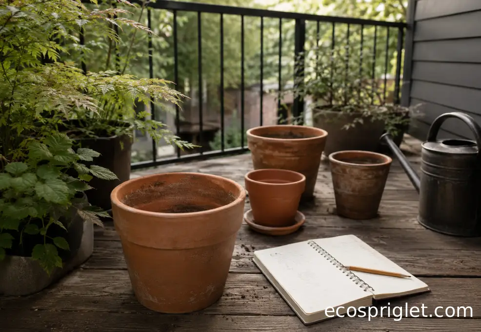 Terracotta pots sit in soft shade on a small Portland terrace with a notebook and watering can nearby.