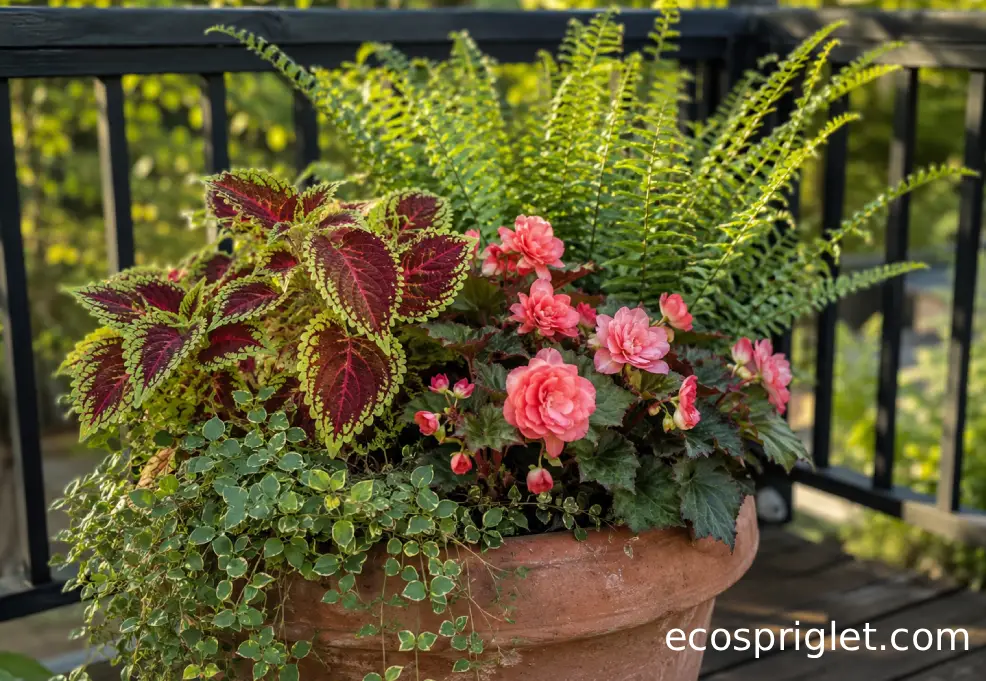 Terracotta pots sit in soft shade on a small Portland terrace with a notebook and watering can nearby.