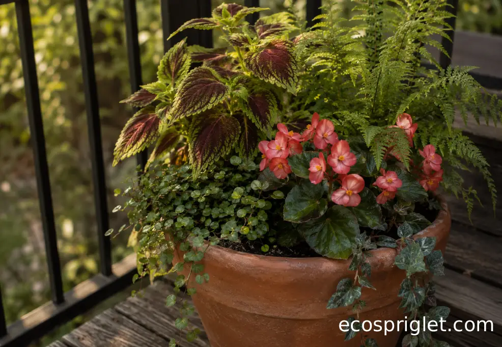 A layered shade container combines coleus, begonia, fern fronds, and trailing foliage in a terracotta pot.