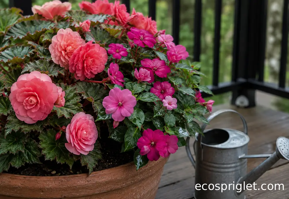 Tuberous begonias and impatiens bloom in a shaded terracotta planter on wooden decking.