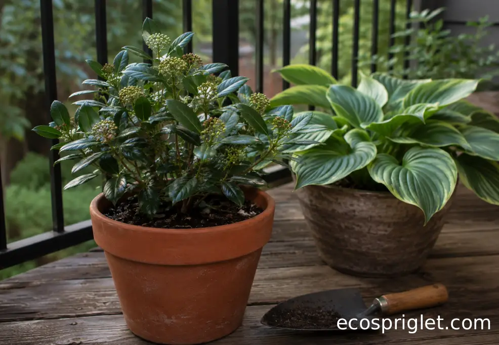 A compact evergreen skimmia and hosta foliage grow in shaded patio containers on a small terrace.