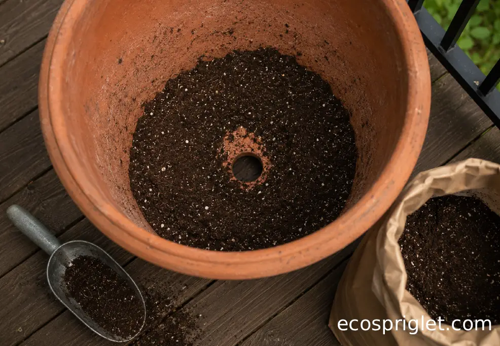 A terracotta shade container is filled with fresh potting mix without a gravel layer.