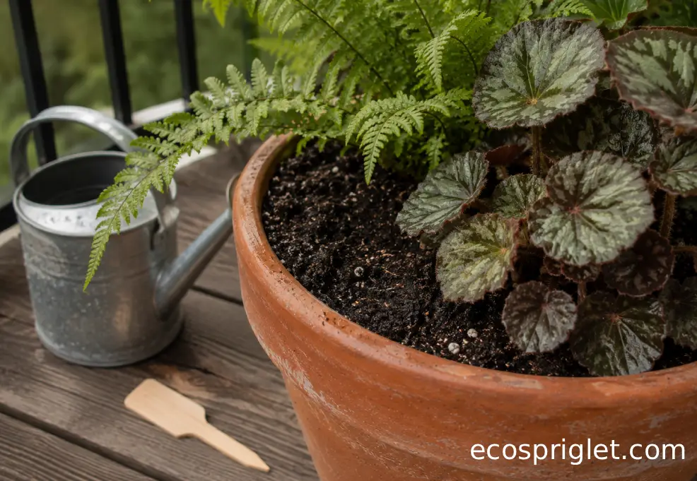 A shaded container with fern and begonia foliage is checked for soil moisture beside a small watering can.
