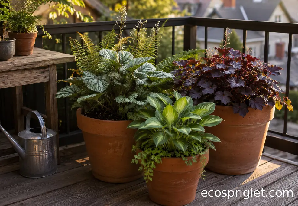 Three compact shade containers are arranged on wooden decking near a matte black balcony railing.