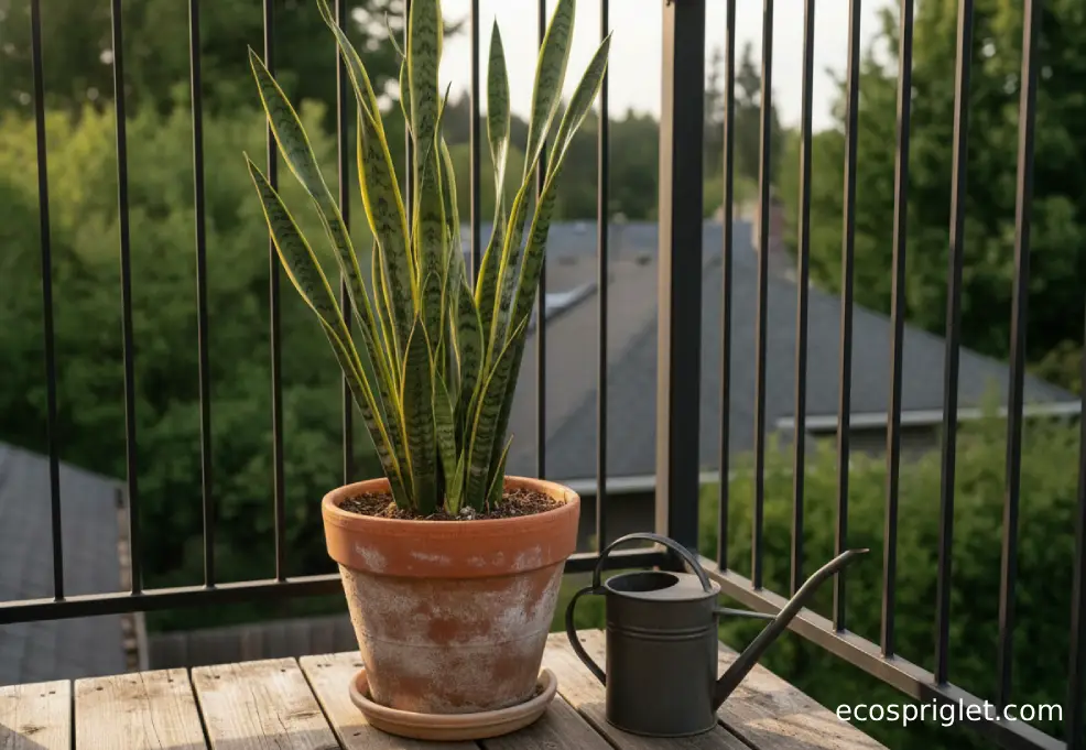 A healthy snake plant in a terracotta pot beside a matte black balcony railing on a small Portland terrace.