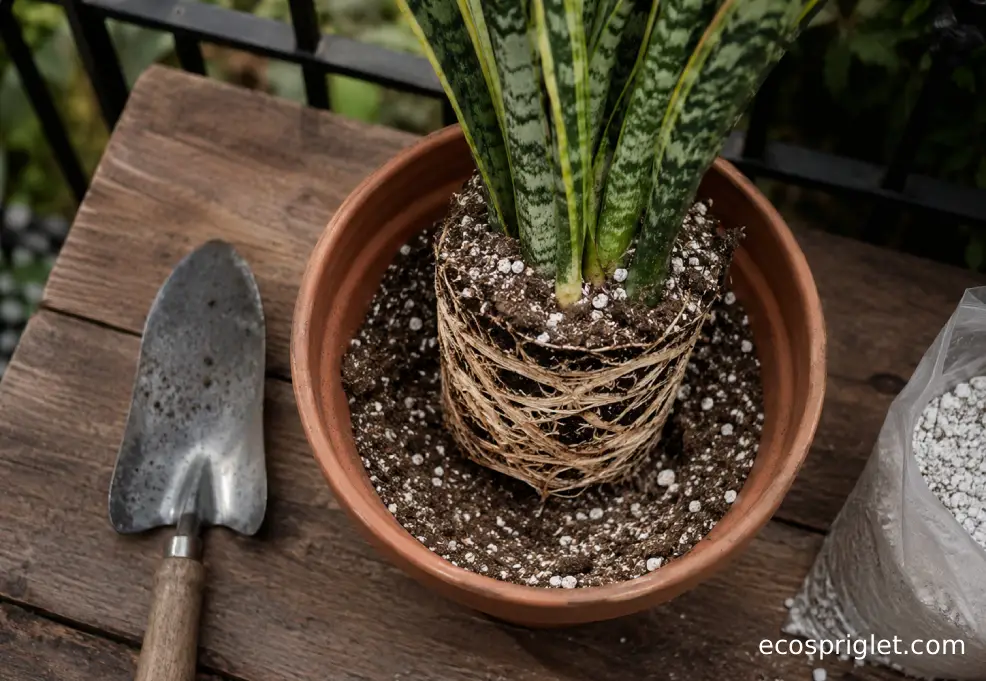 A snake plant root ball being repotted into gritty cactus mix in a terracotta pot.