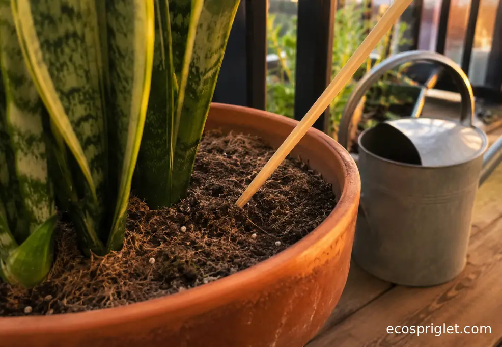 A dry snake plant potting mix surface being checked with a wooden chopstick before watering.