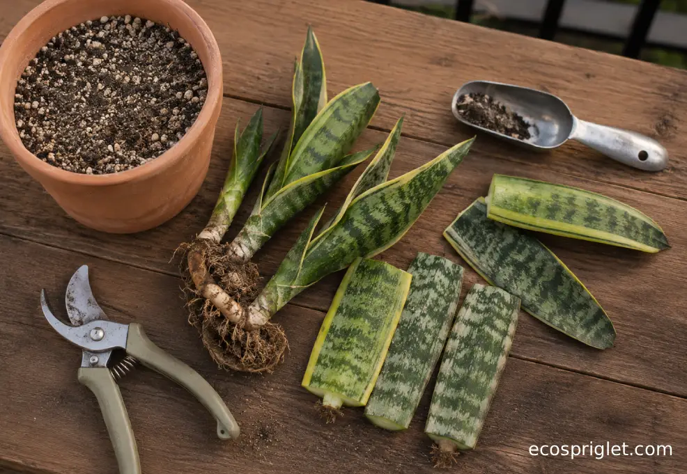 Snake plant divisions and leaf cuttings arranged beside a terracotta pot of gritty mix.