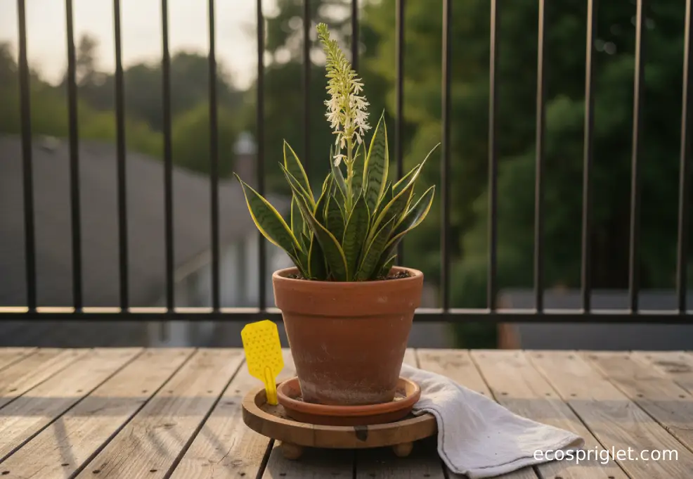 A mature snake plant with a pale flower stalk on a raised stand in a small terrace garden.