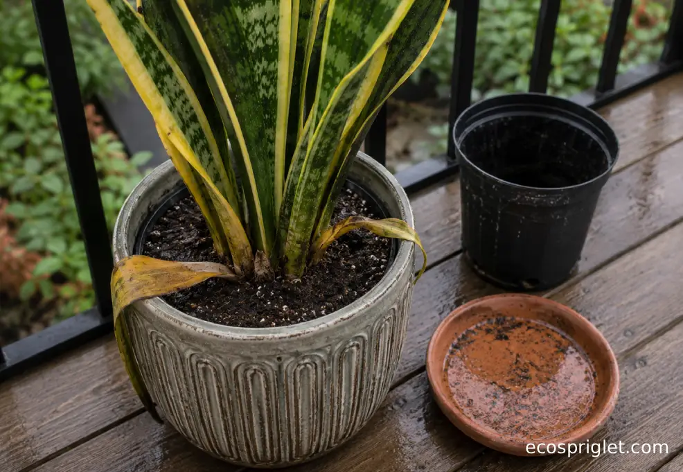 A struggling snake plant with yellowing lower leaves in a wet decorative pot.