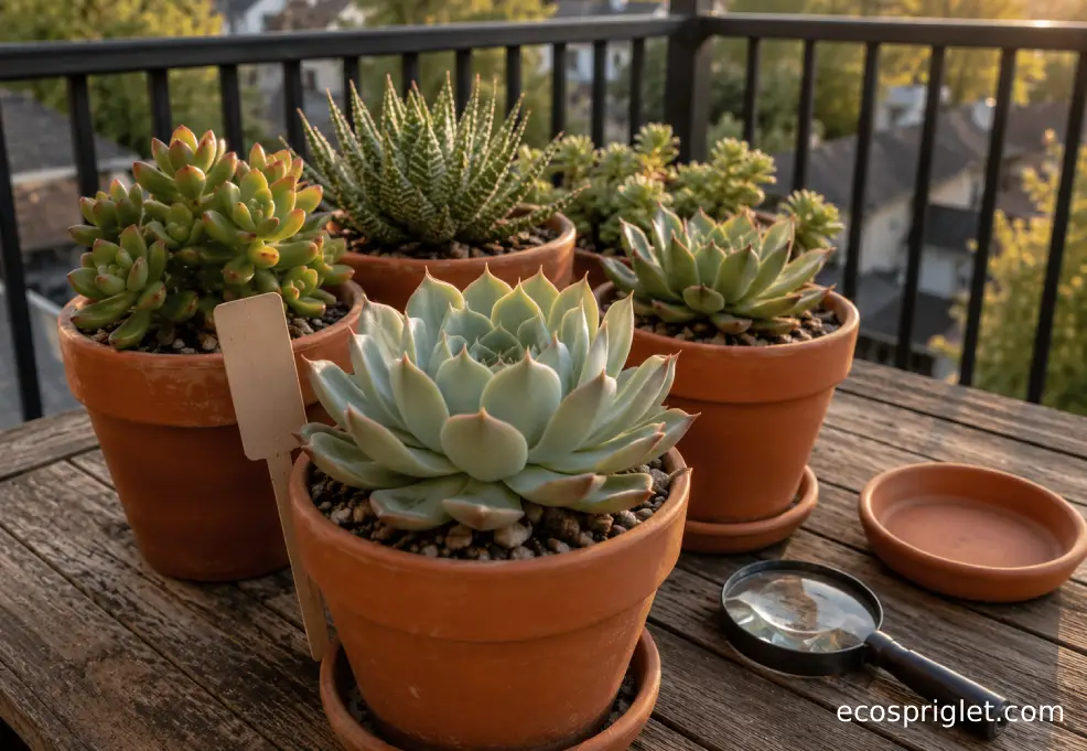 A compact group of healthy succulents in terracotta pots on a small Portland terrace table.