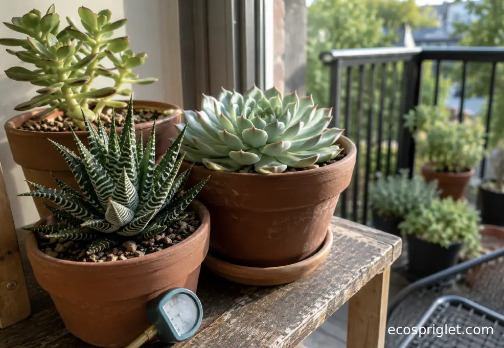 Three different succulent types arranged by a sunny apartment window on a Portland terrace.