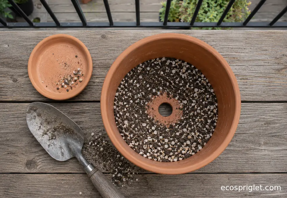 A terracotta succulent pot with a drainage hole, gritty mix, and a small trowel on wooden decking.