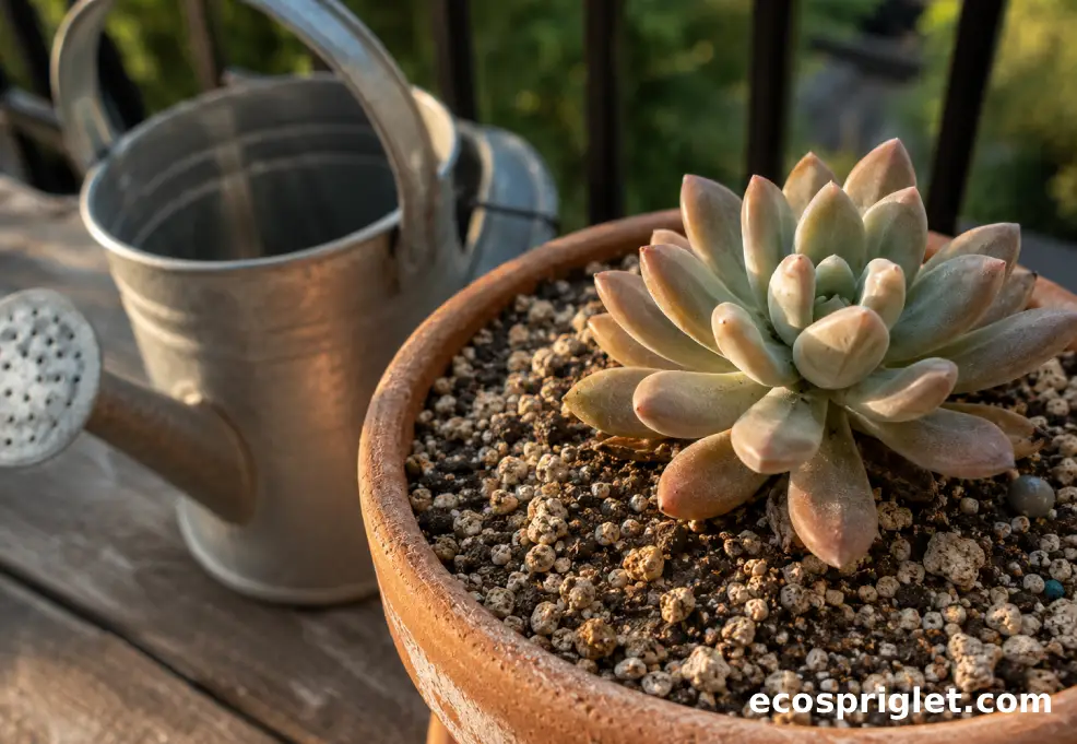 A small watering can beside a dry succulent pot with gritty soil on a Portland balcony table.
