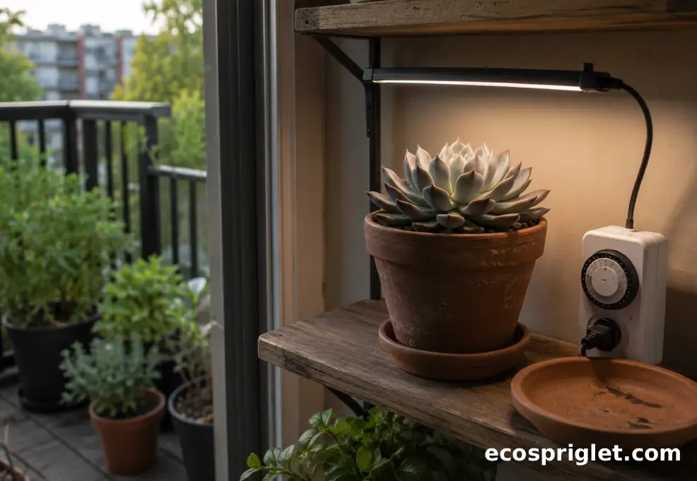 A compact succulent under a slim grow light on a wooden shelf near a Portland terrace door.