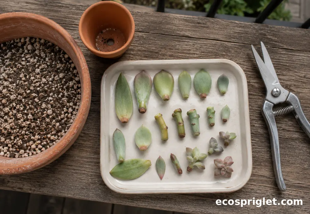 Succulent leaf and stem cuttings callusing on a tray beside gritty potting mix.