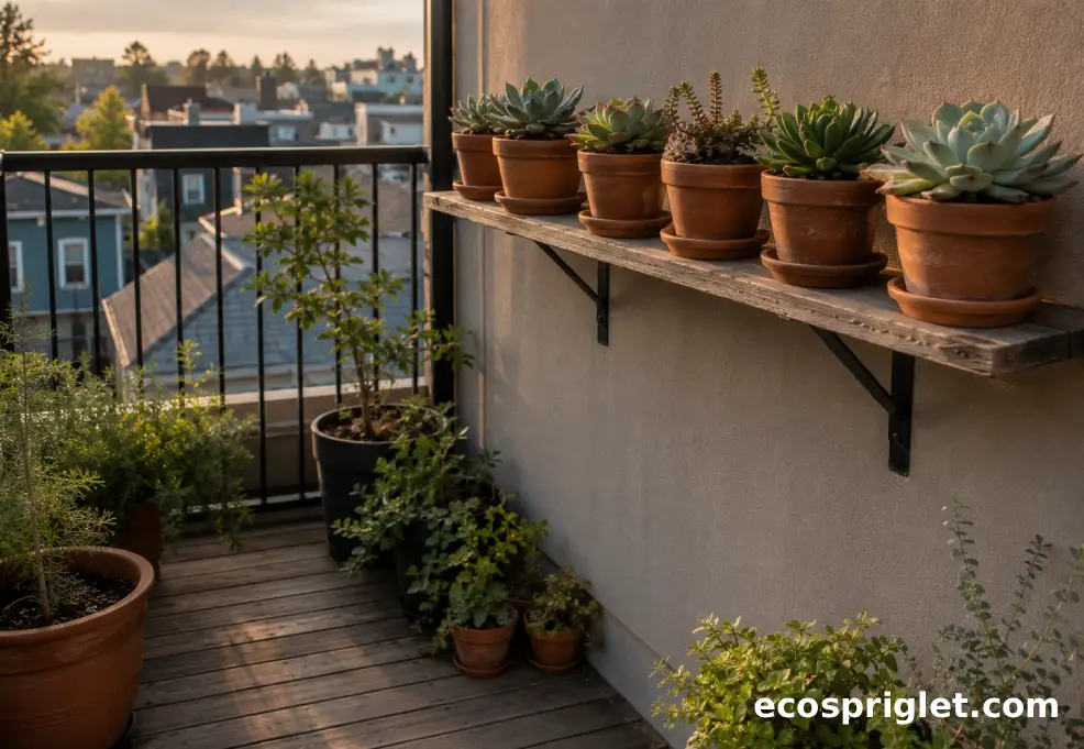 Succulents placed on a high narrow shelf above a small terrace railing with no floor clutter.