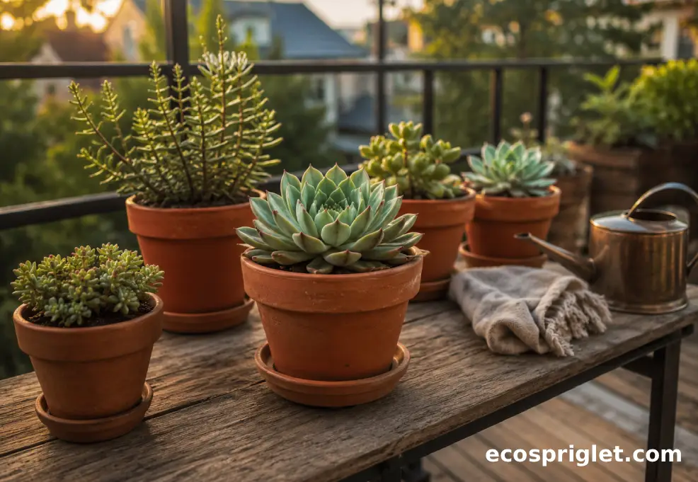A tidy balcony shelf with five small succulents in terracotta pots and a watering can.