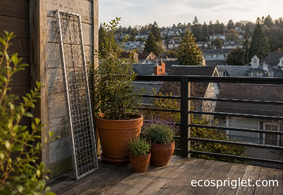 A small Portland terrace with a matte black railing and a narrow vertical trellis beside terracotta pots.