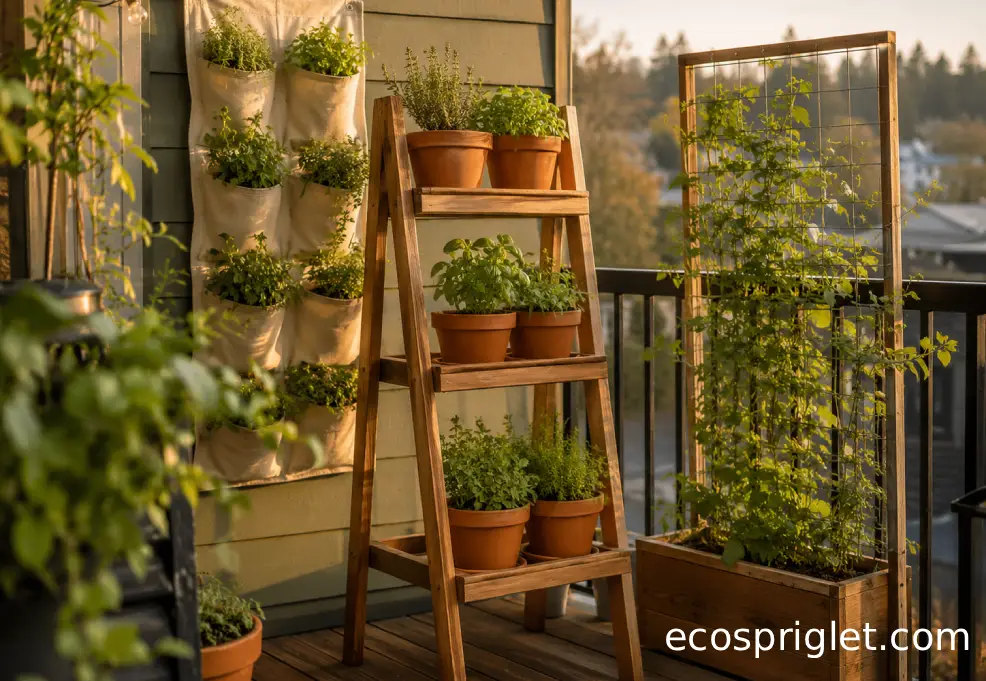 A compact balcony vertical garden setup with wall pockets, a ladder shelf, and terracotta herb pots.