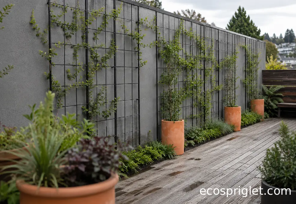 A long gray boundary wall softened with a freestanding trellis and vertical planters on a small terrace.